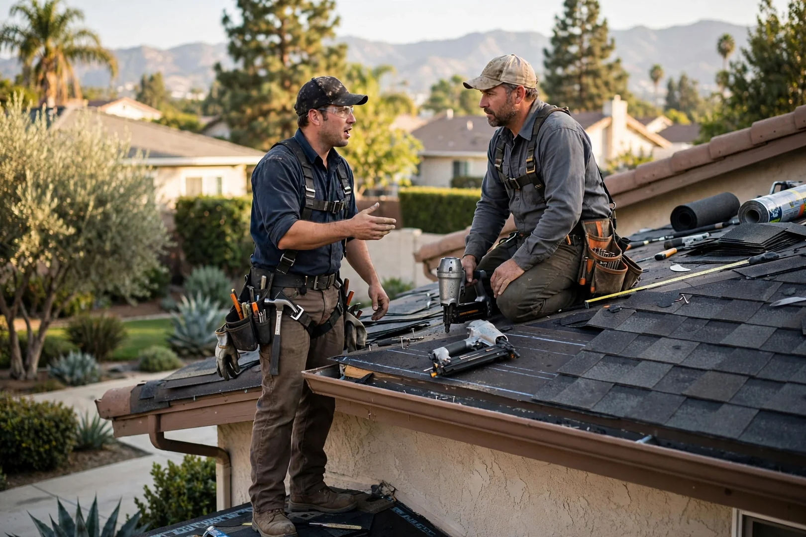 Roofer resealing flashing around a chimney on a tile roof in Arcadia
