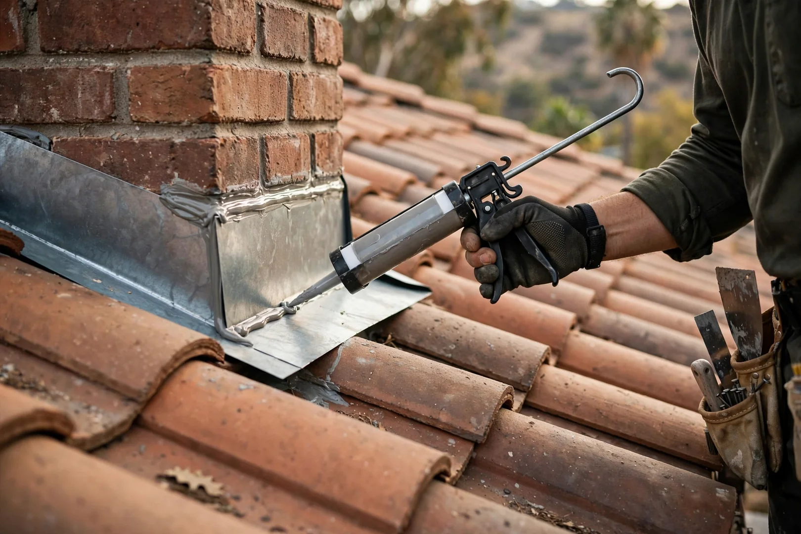 Close-up of newly installed chimney counterflashing sealed against clay tile roofing