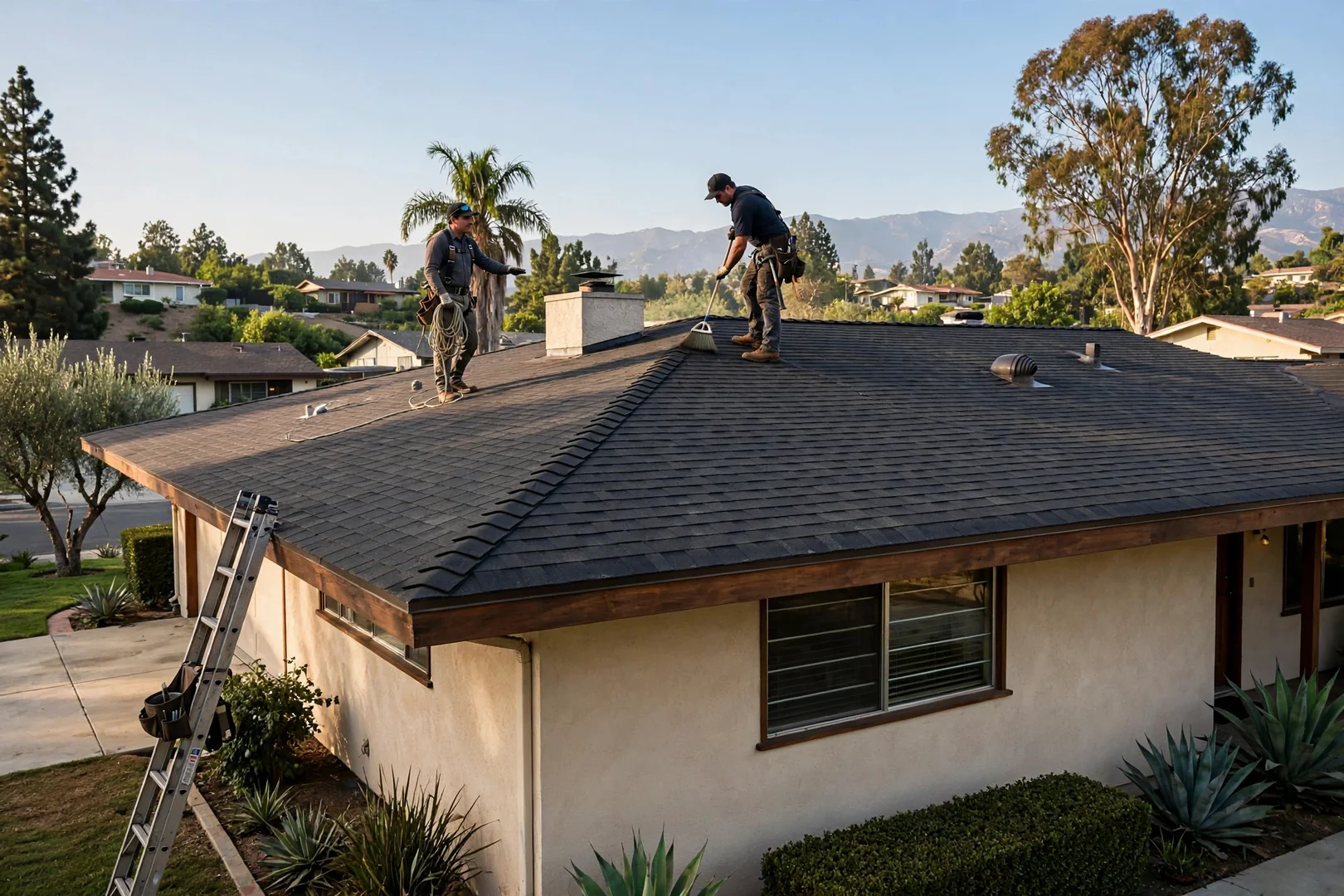 Wide view of a repaired shingle roof on a mid-century Arcadia ranch home