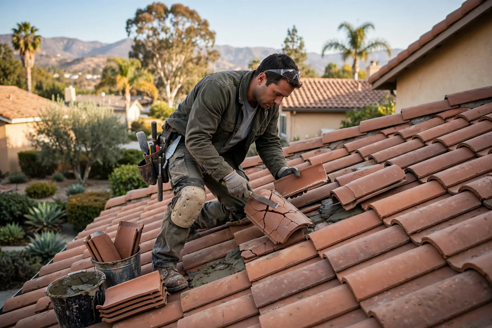 Roofer replacing cracked barrel tile with color-matched clay pieces on a sloped roof