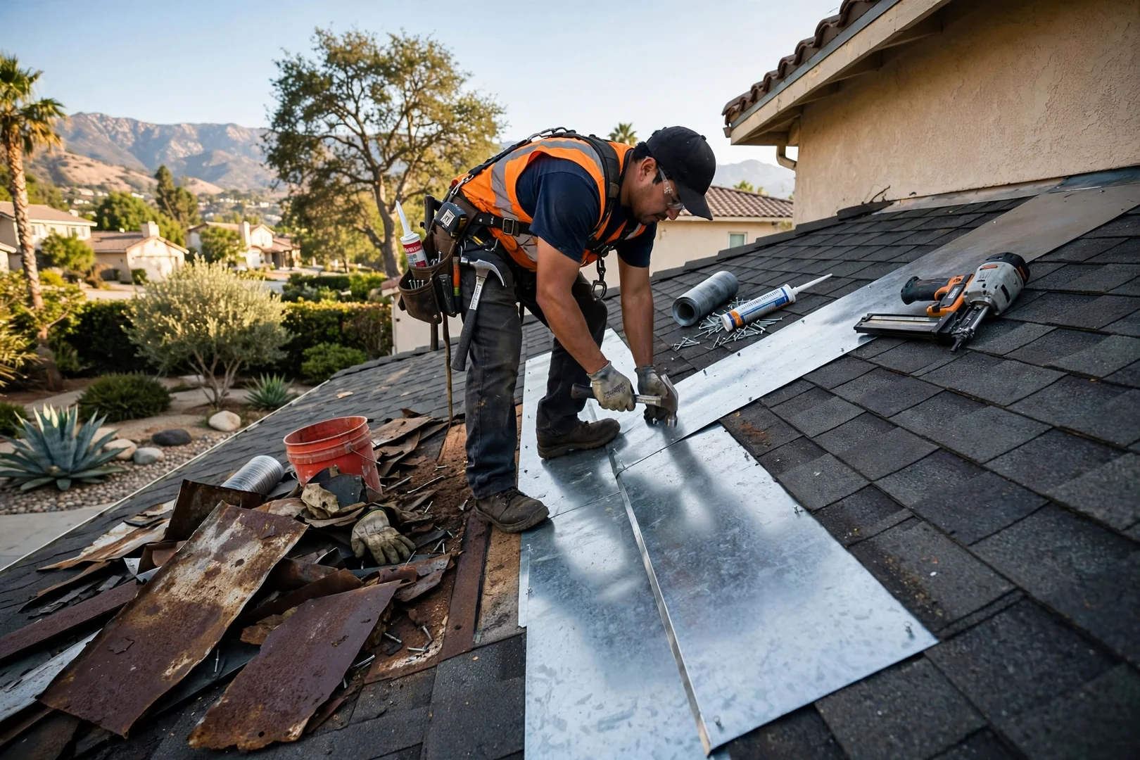 Rusted valley metal removed and replaced with new galvanized flashing between roof planes