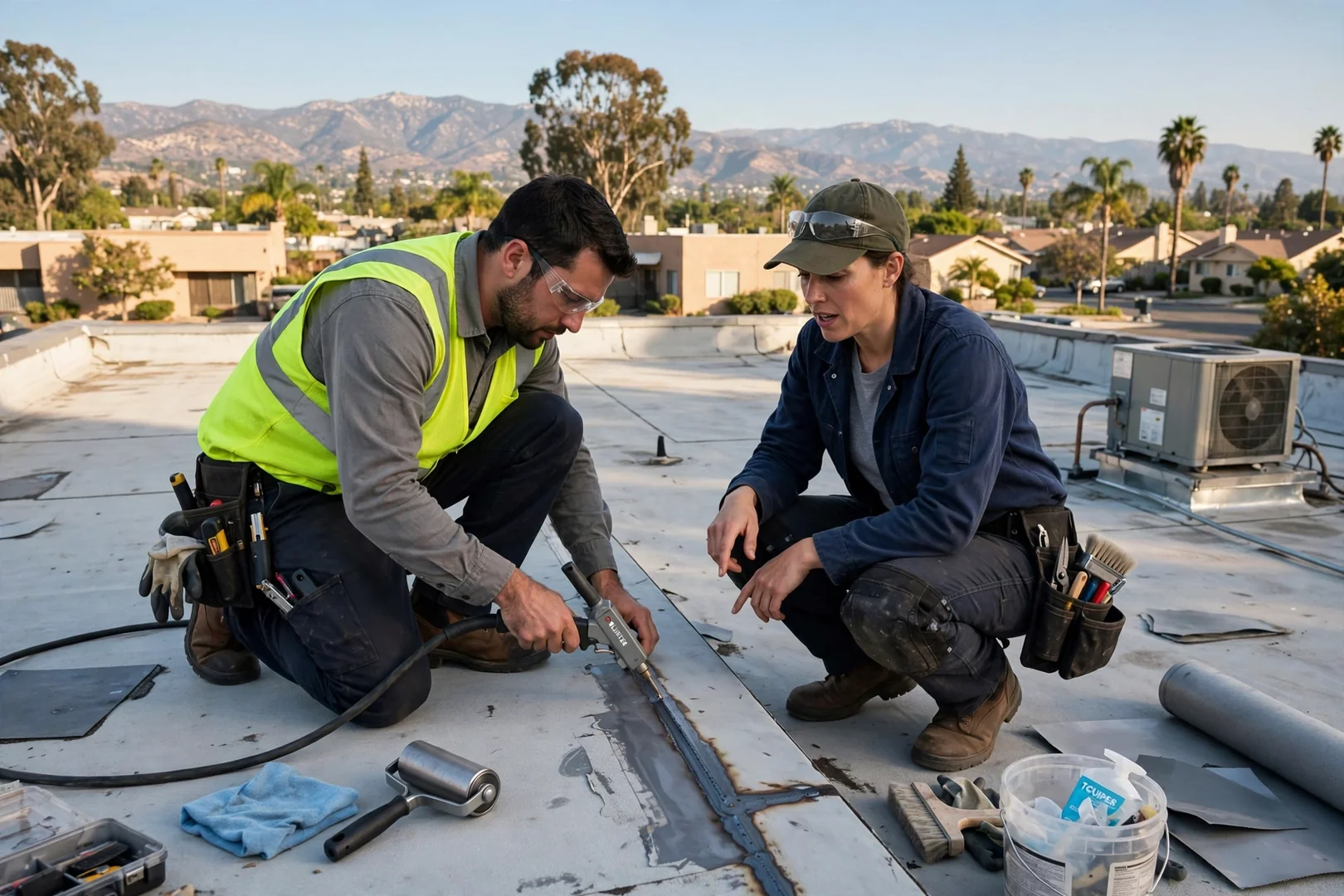 Flat membrane roof seam repair on a small commercial building with rooftop HVAC curb