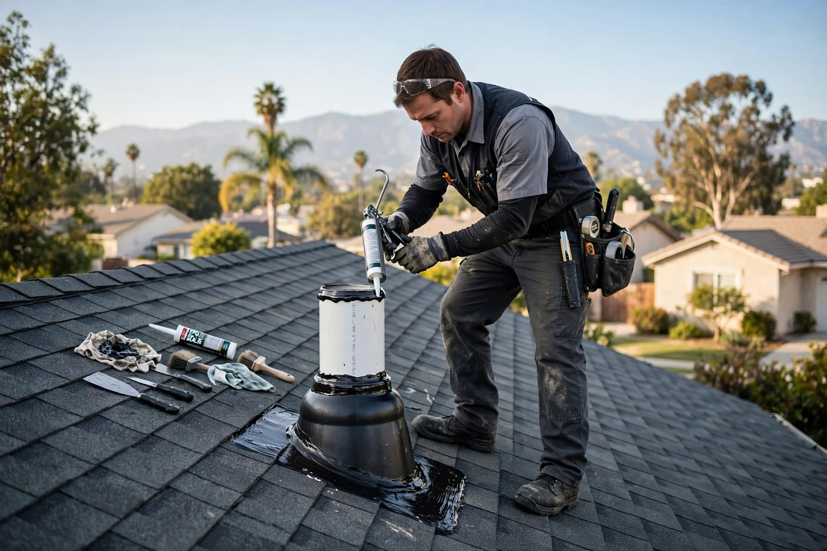 Newly sealed pipe boot and vent stack on a finished residential shingle roof