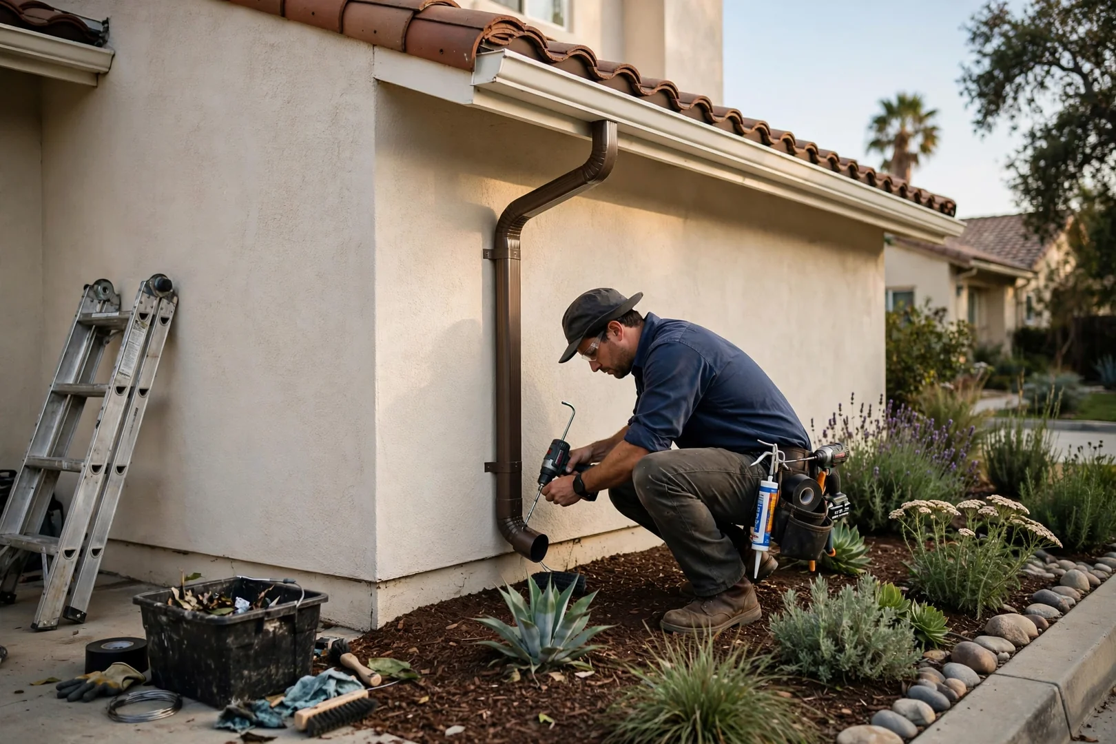 Clean gutter and downspout connection after repair work with tidy landscaping below