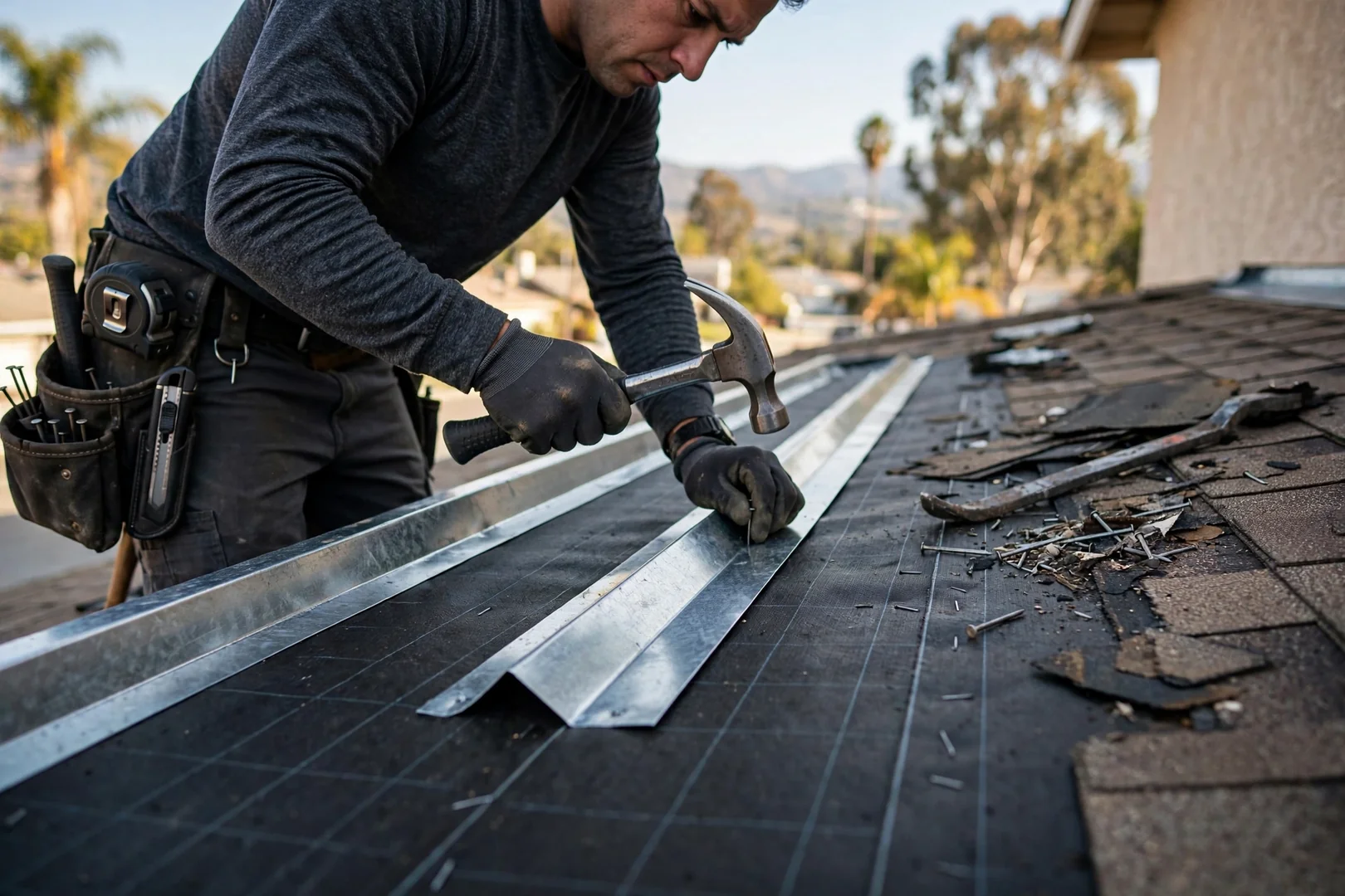 Close-up of replaced valley flashing and underlayment on a residential roof repair