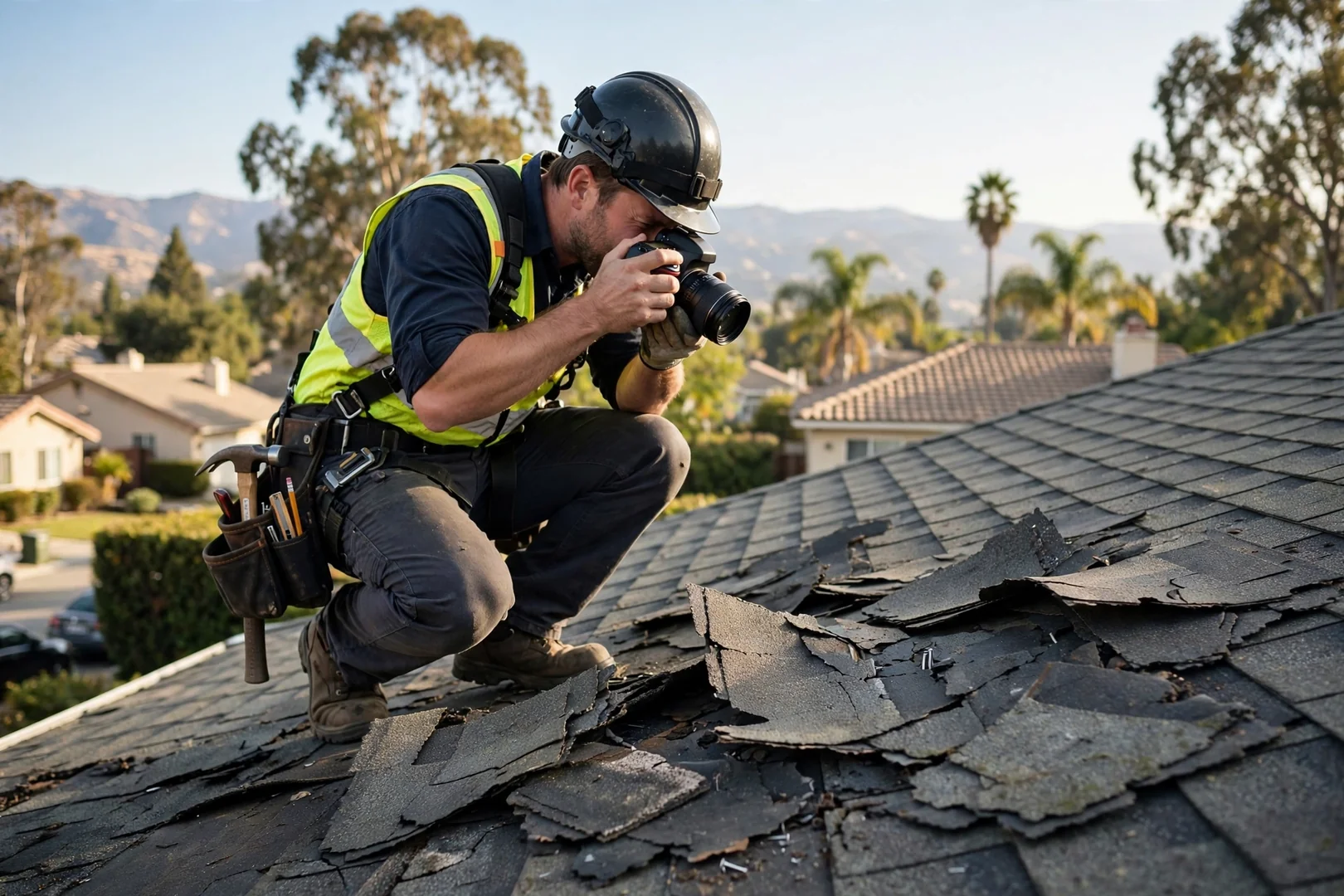 Roofer documenting damaged shingles with photos during an Arcadia roof inspection