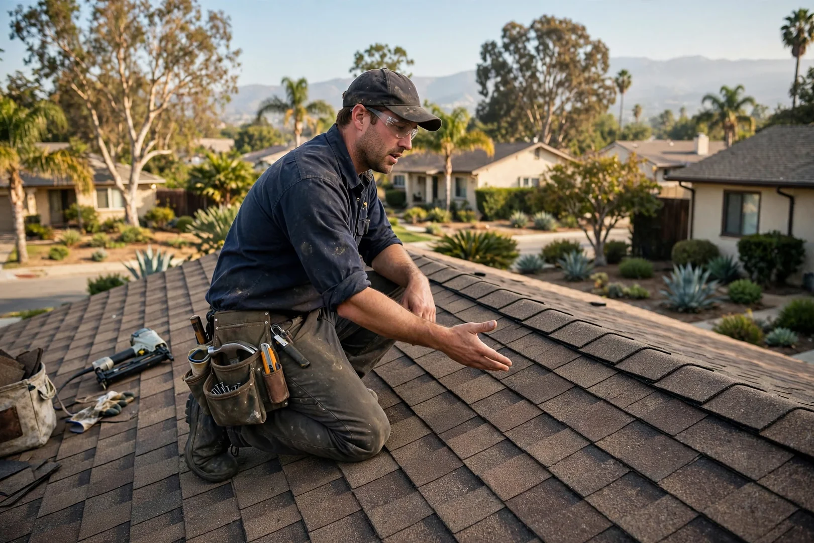 Completed color-matched shingle repair blending into surrounding roof field