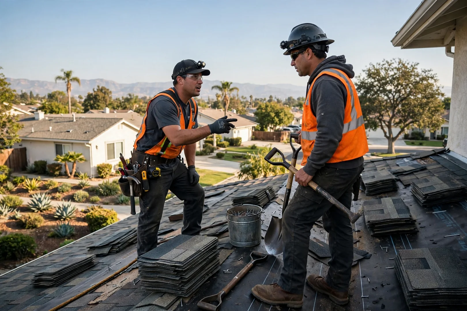 Estimator measuring roof sections and reviewing material options with an Arcadia property owner