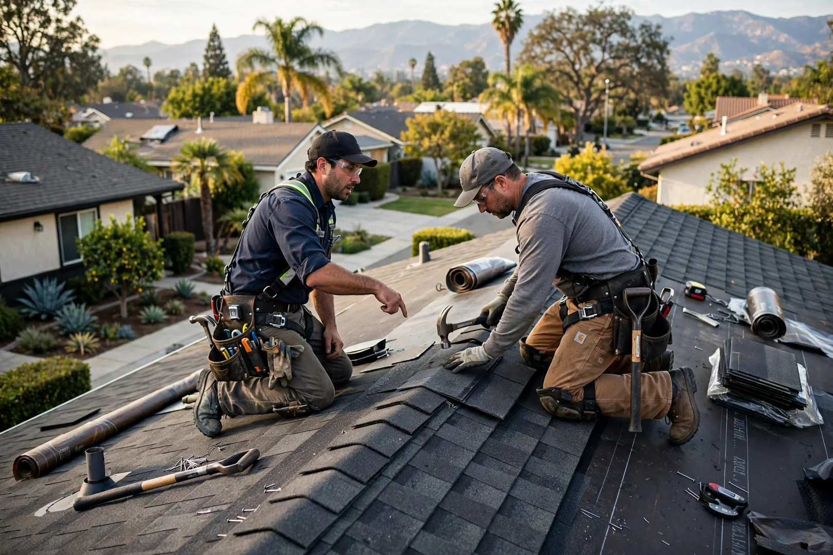 Roofing crew installing new architectural shingles on an Arcadia home during replacement