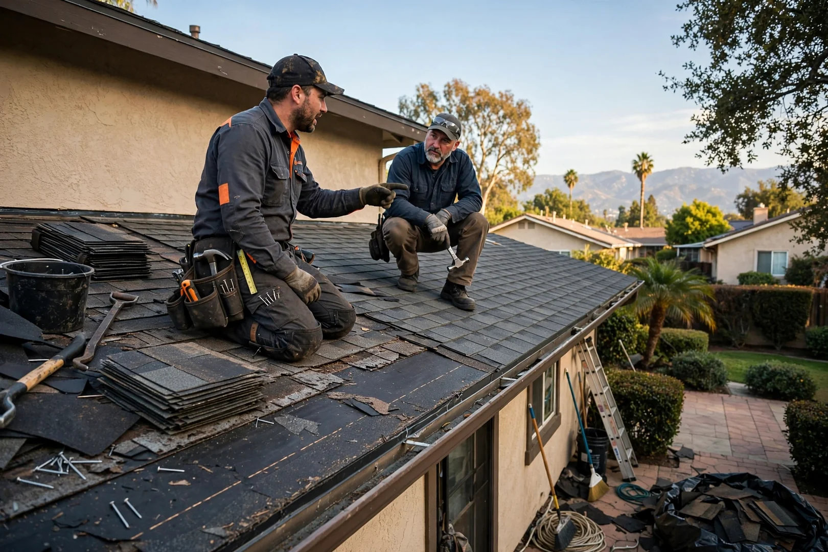 Roofing crew installing new shingles during a full roof replacement on an Arcadia home