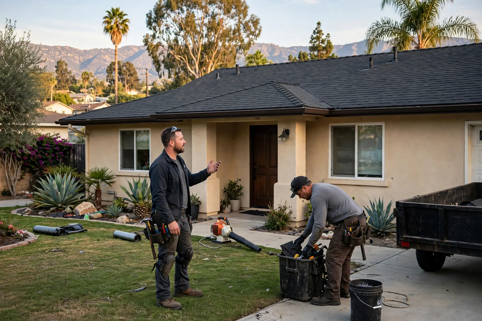 Completed architectural shingle roof replacement on a single-story Arcadia ranch home