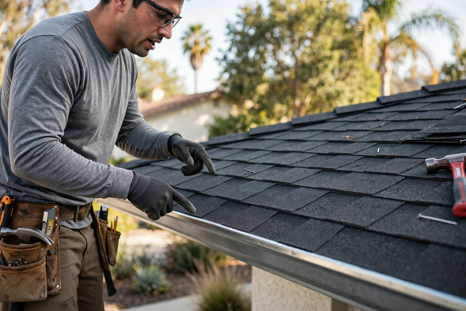 Close-up of new drip edge and starter course along a freshly replaced roof eave