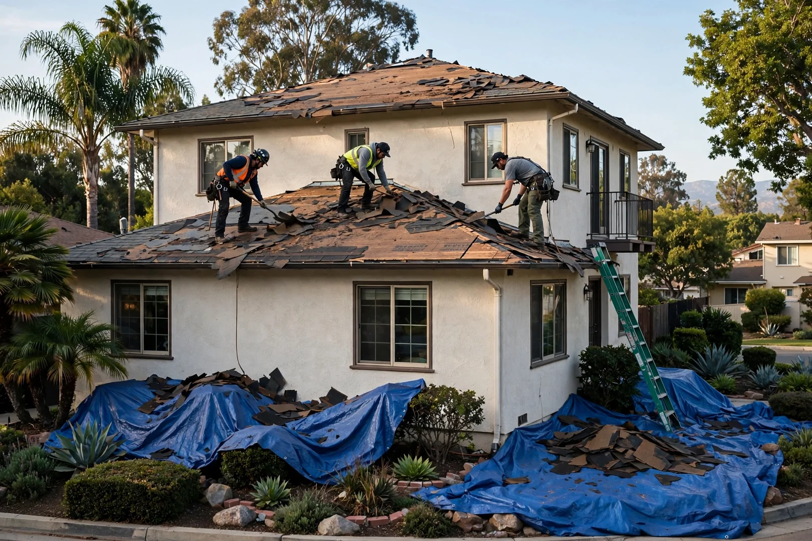 Crew performing tear-off on a two-story stucco residence with tarped landscaping below