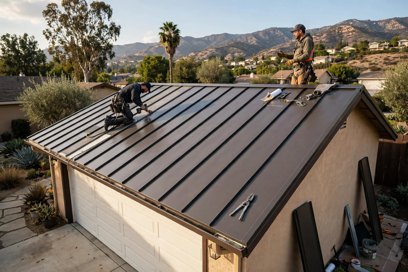 Wide view of new standing seam metal panels installed on a detached garage roof
