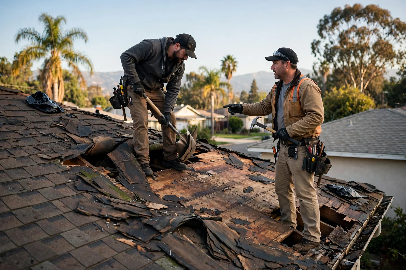 Worn curling shingles and exposed decking before replacement on an older neighborhood home