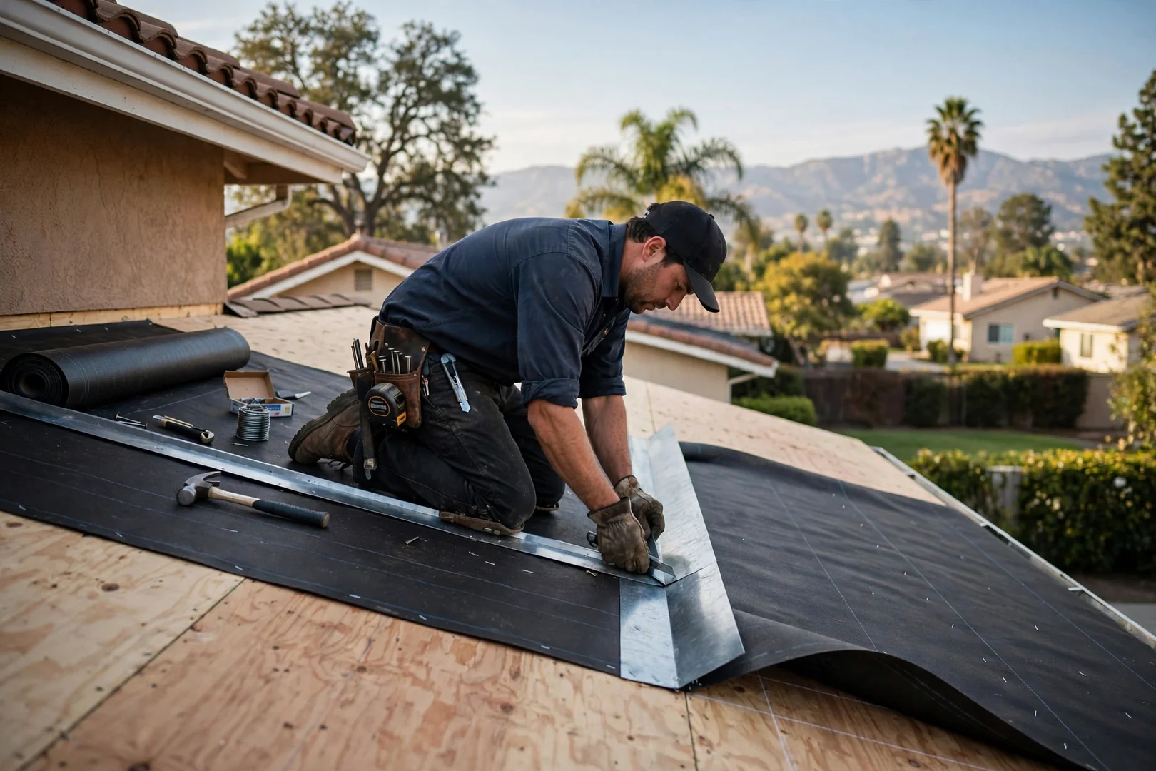 Roofer setting valley metal and underlayment over freshly repaired plywood sheathing