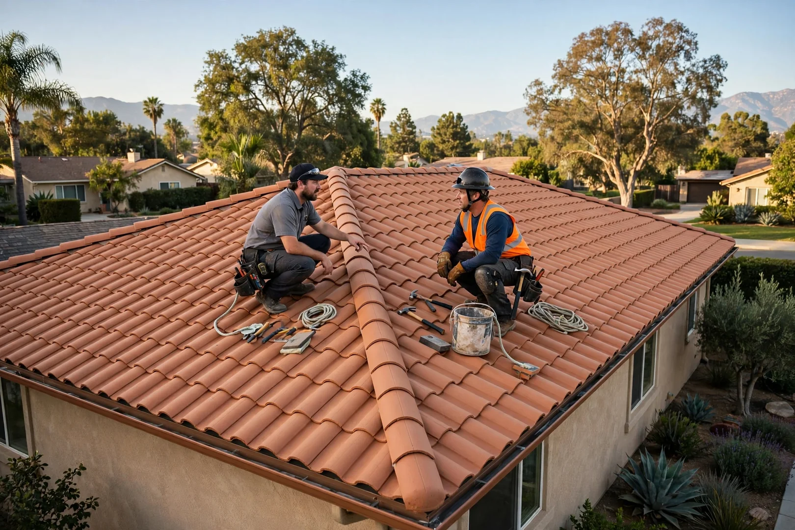 Finished tile roof relay showing straight ridge lines and matched color palette