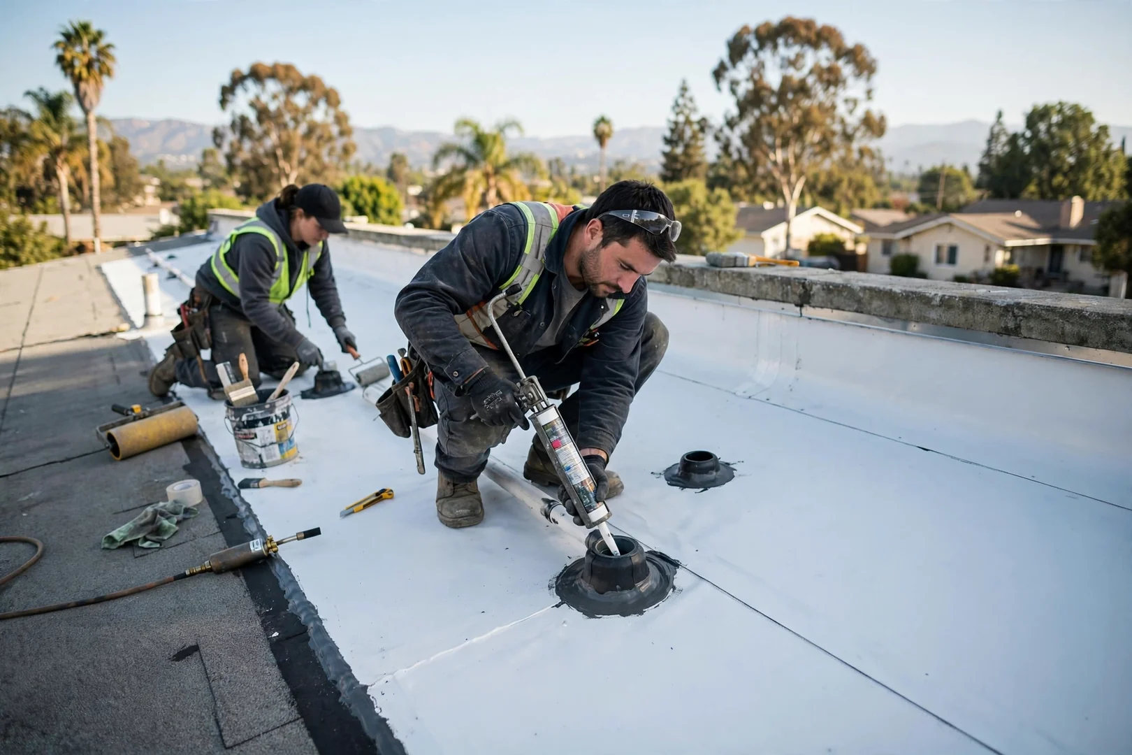 Low-slope commercial roof section replaced with new membrane and sealed pipe penetrations