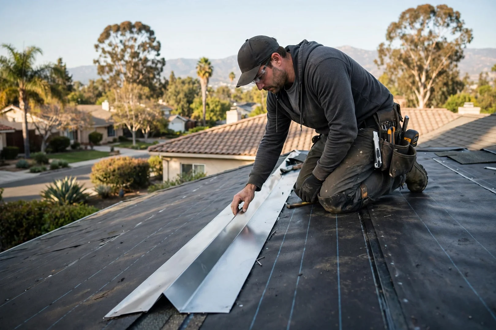 Roofer checking valley flashing detail before shingle installation begins