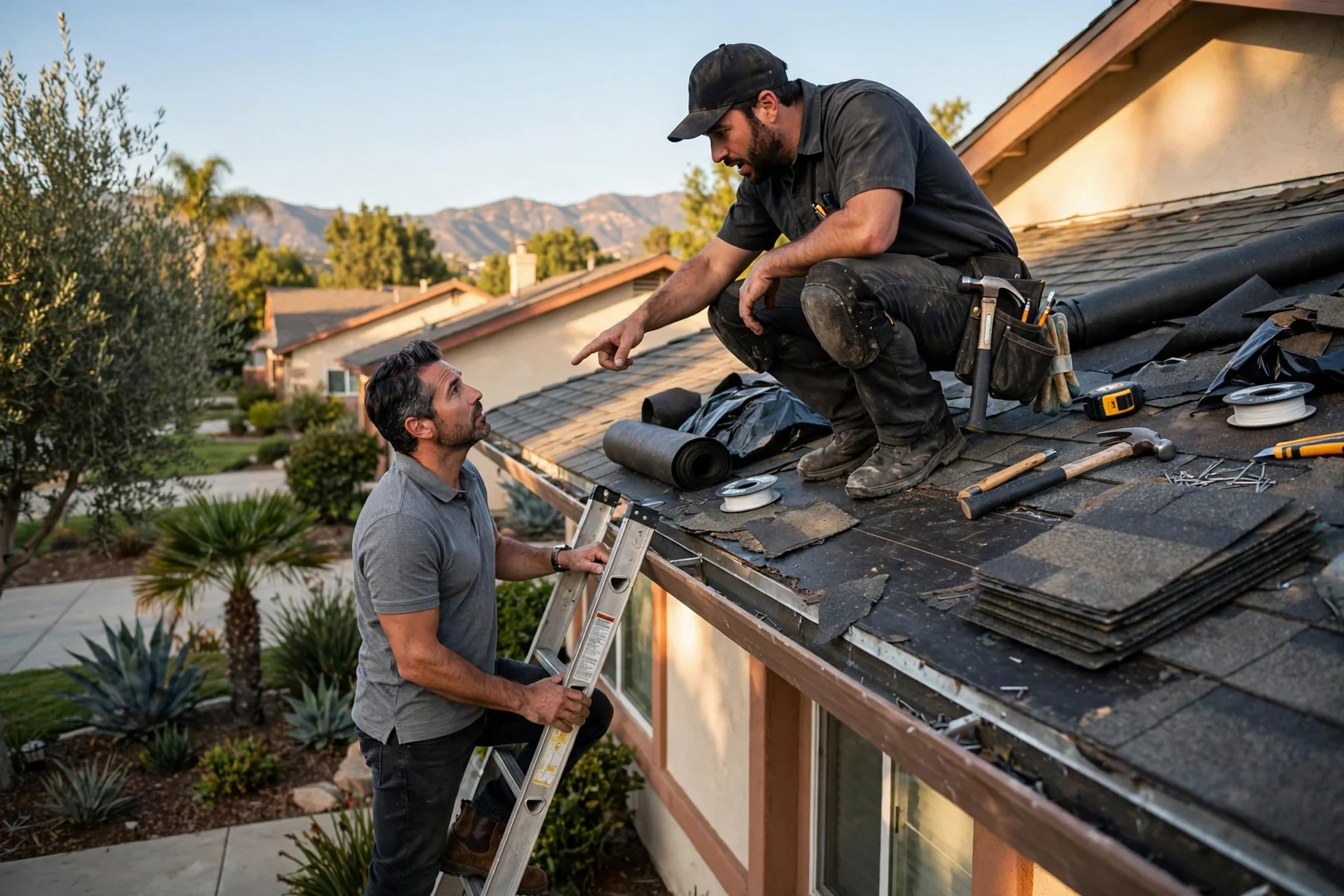 Roofing crew loading materials before a scheduled Arcadia service appointment