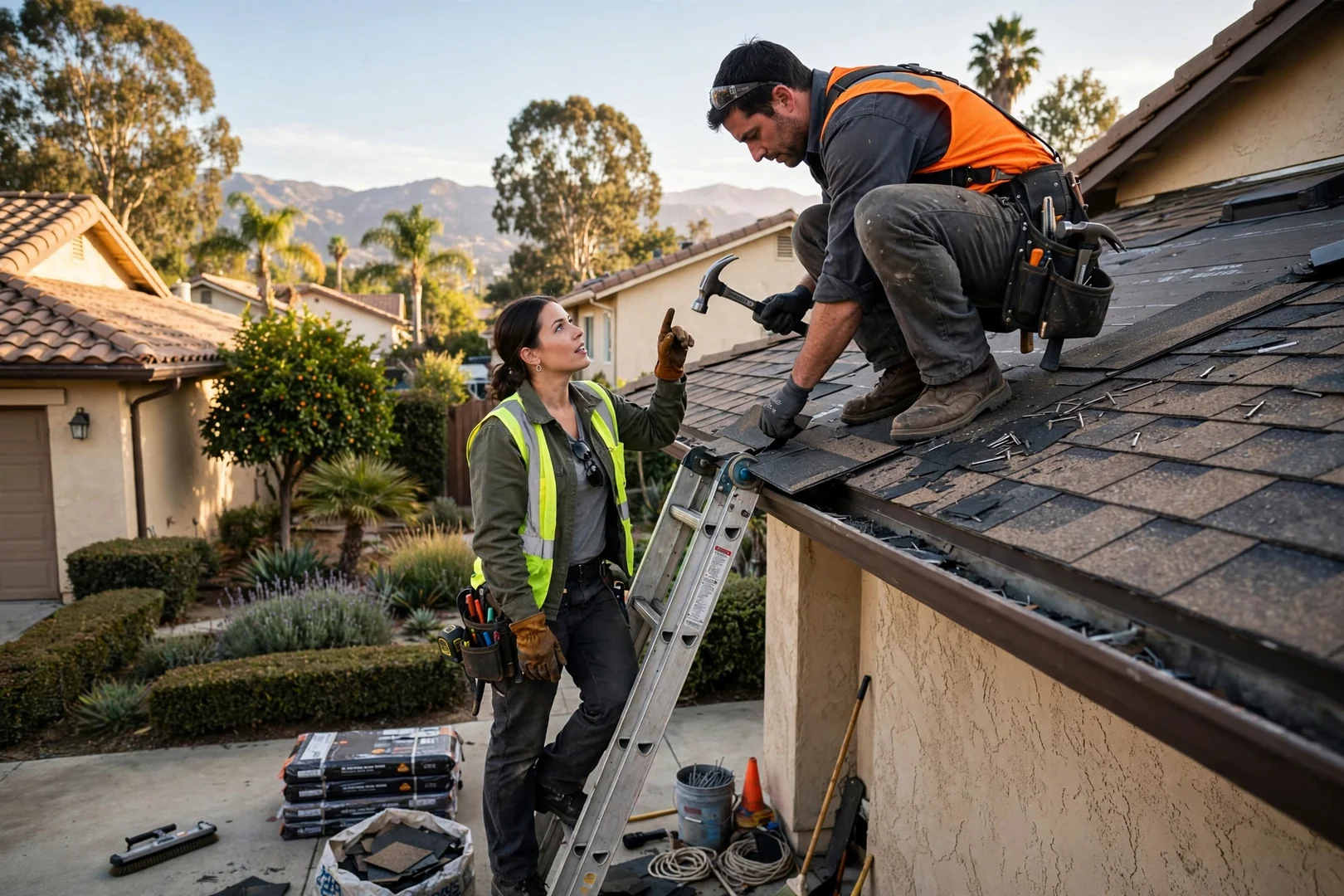 Roofing crew reviewing finished shingle installation with a homeowner outside an Arcadia home