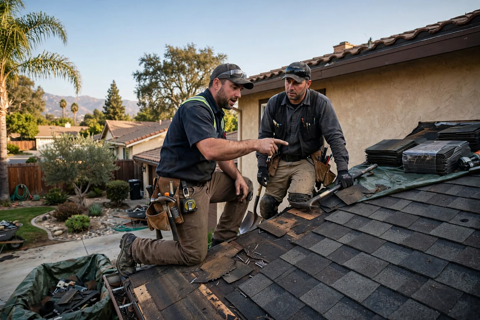 Roofer reviewing a written estimate with an Arcadia homeowner
