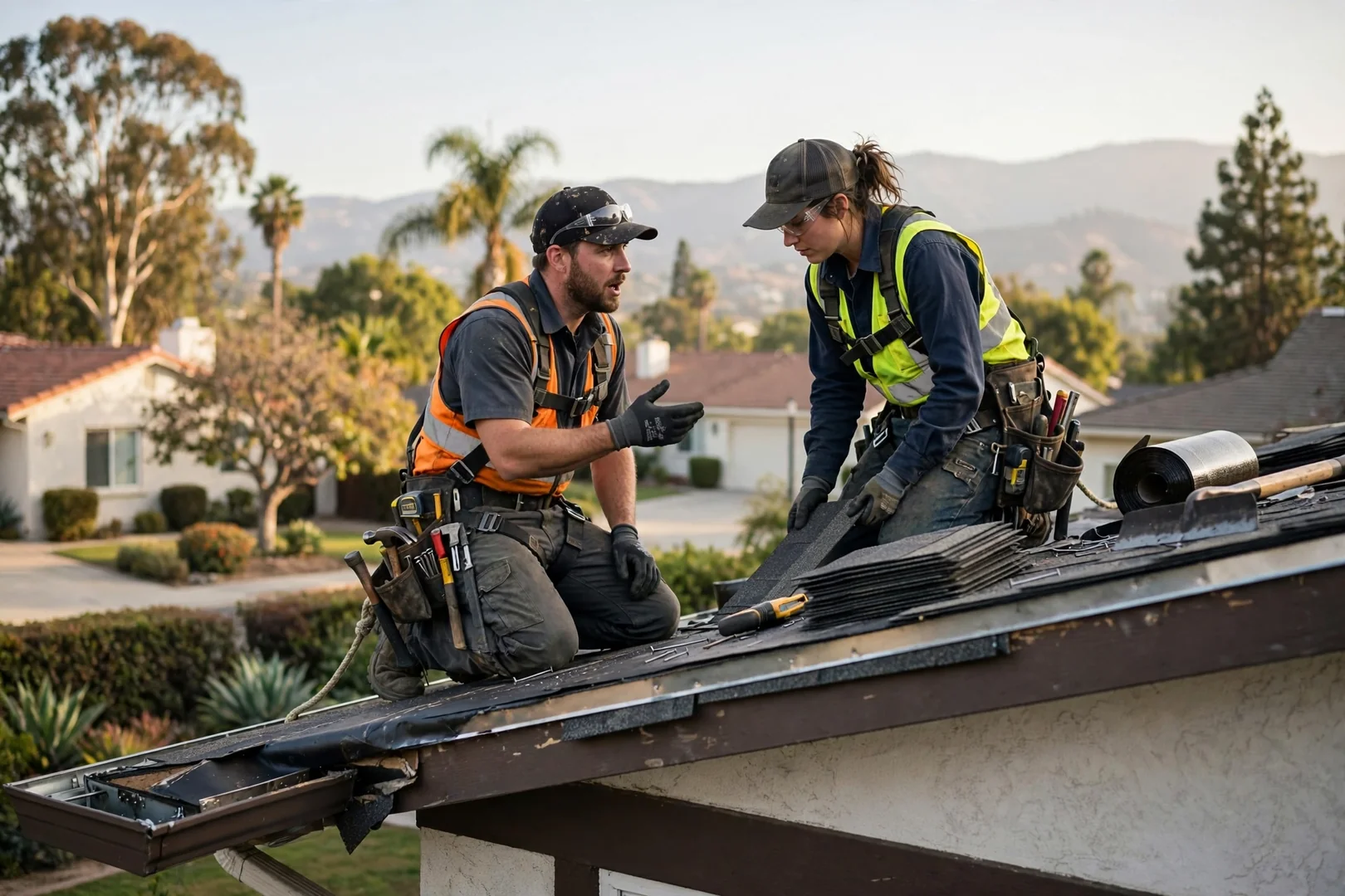 Roofing crew setting up tile-safe walk boards and ladders at an Arcadia property