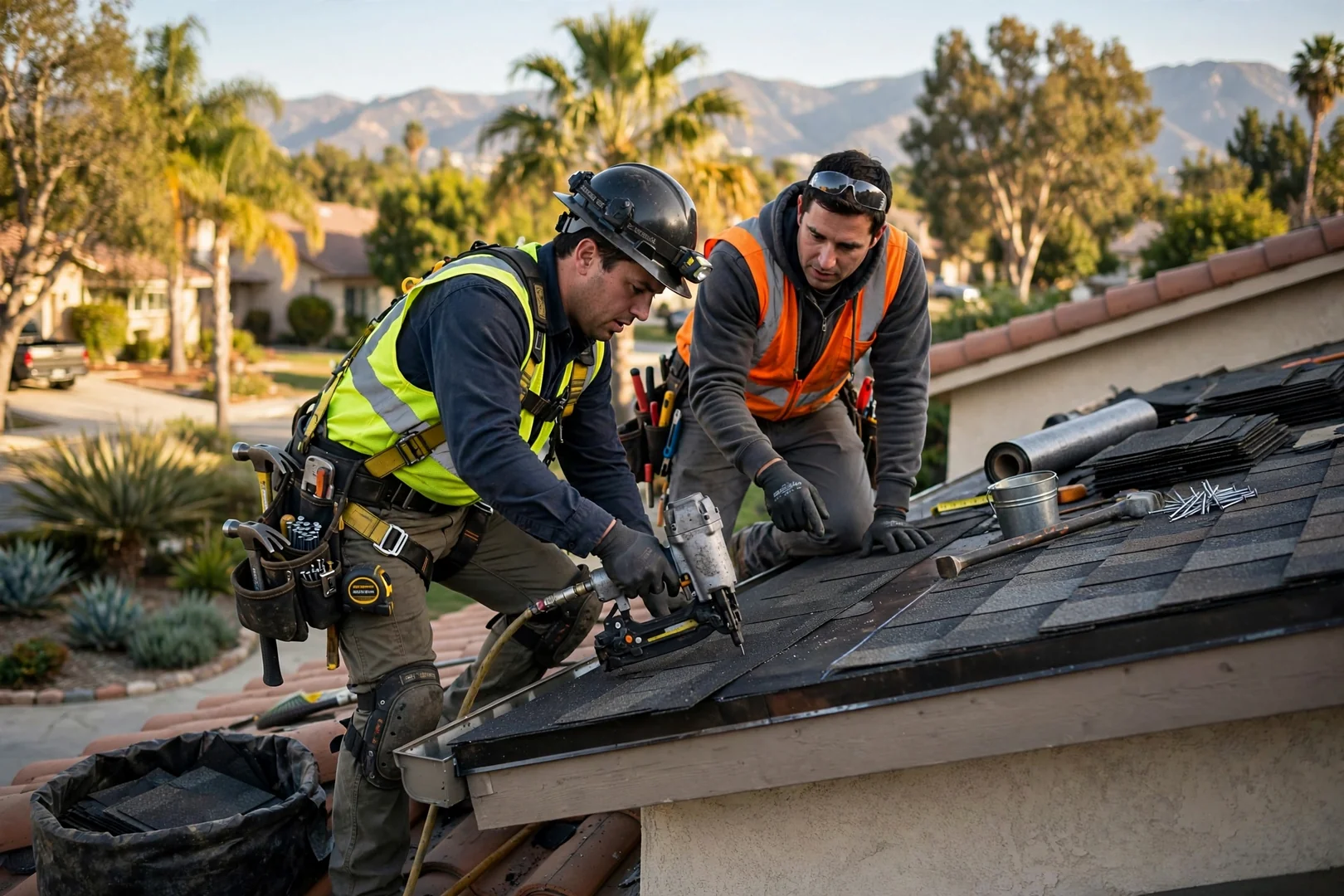 Roofing estimator measuring a residential roof and recording notes on a clipboard in Arcadia