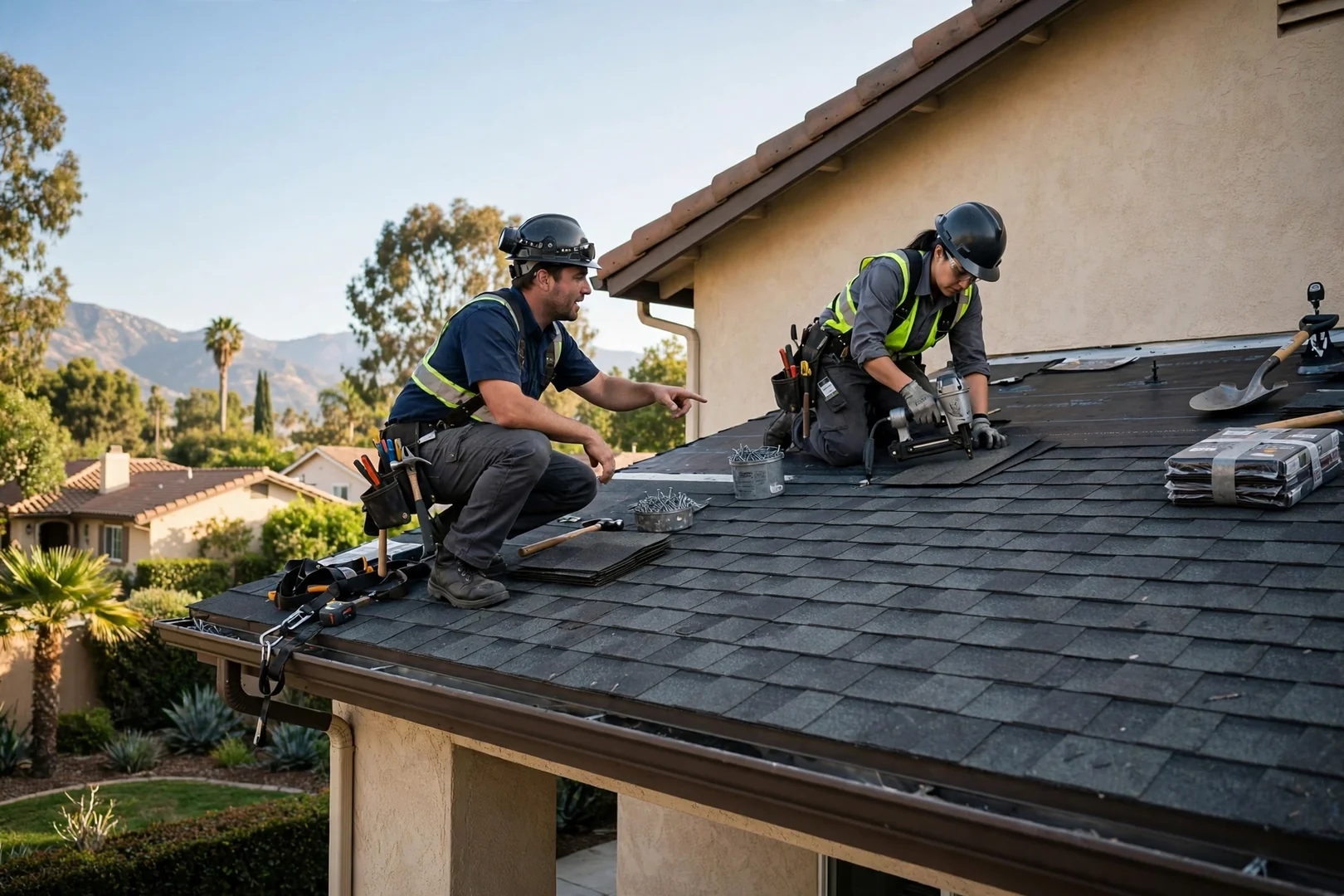 Roofing crew reviewing a shingle roof on a residential street in Arcadia