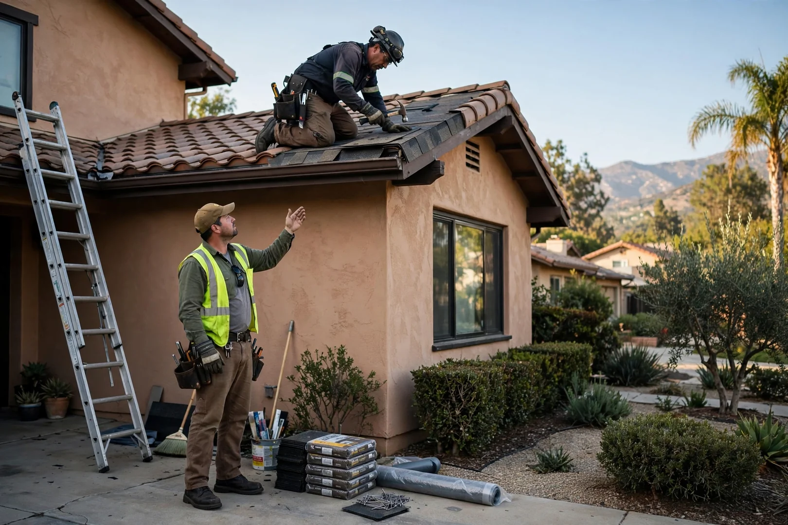 Roofer inspecting worn asphalt shingles and flashing on an Arcadia home roof
