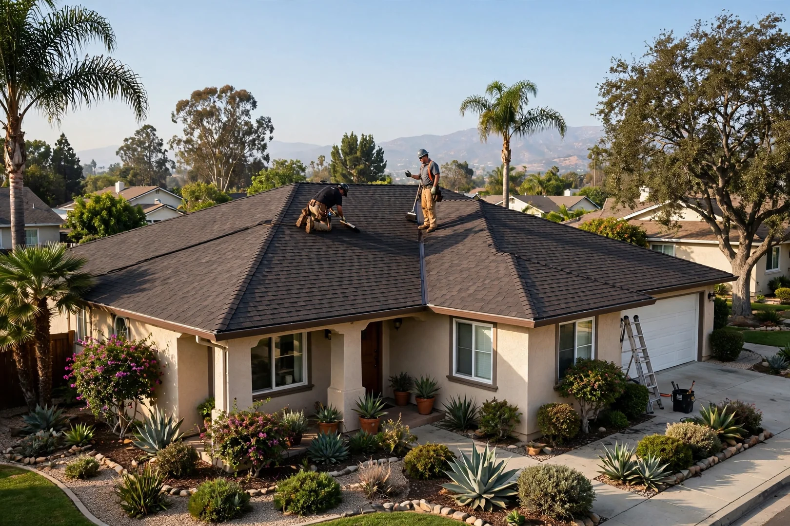 Newly replaced asphalt shingle roof on a residential home with clean ridge lines