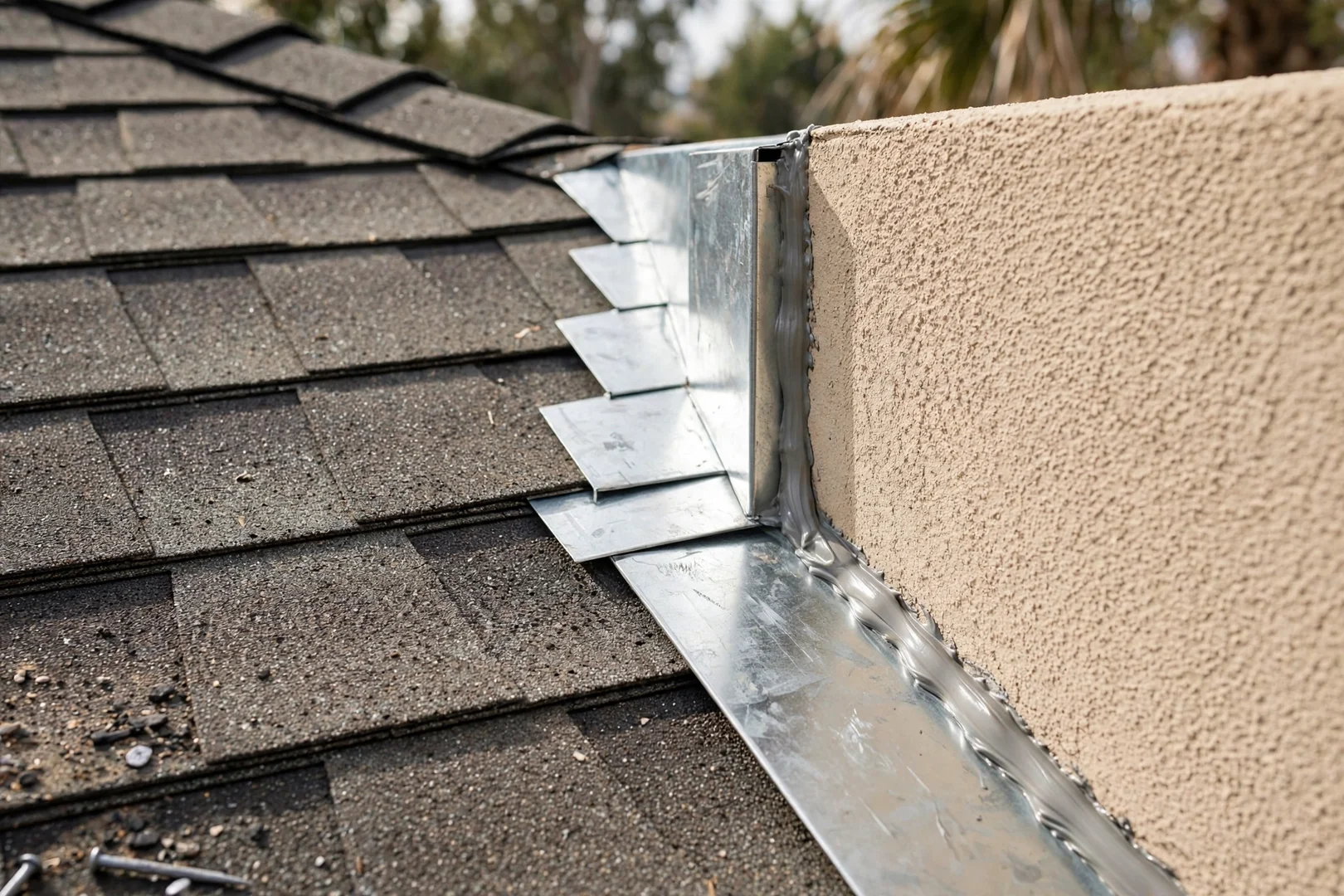 Close-up of new step flashing installed where a roof slope meets a stucco sidewall