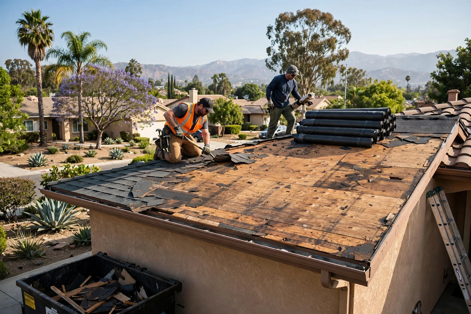 Roof tear-off in progress showing exposed plywood decking and stacked underlayment rolls