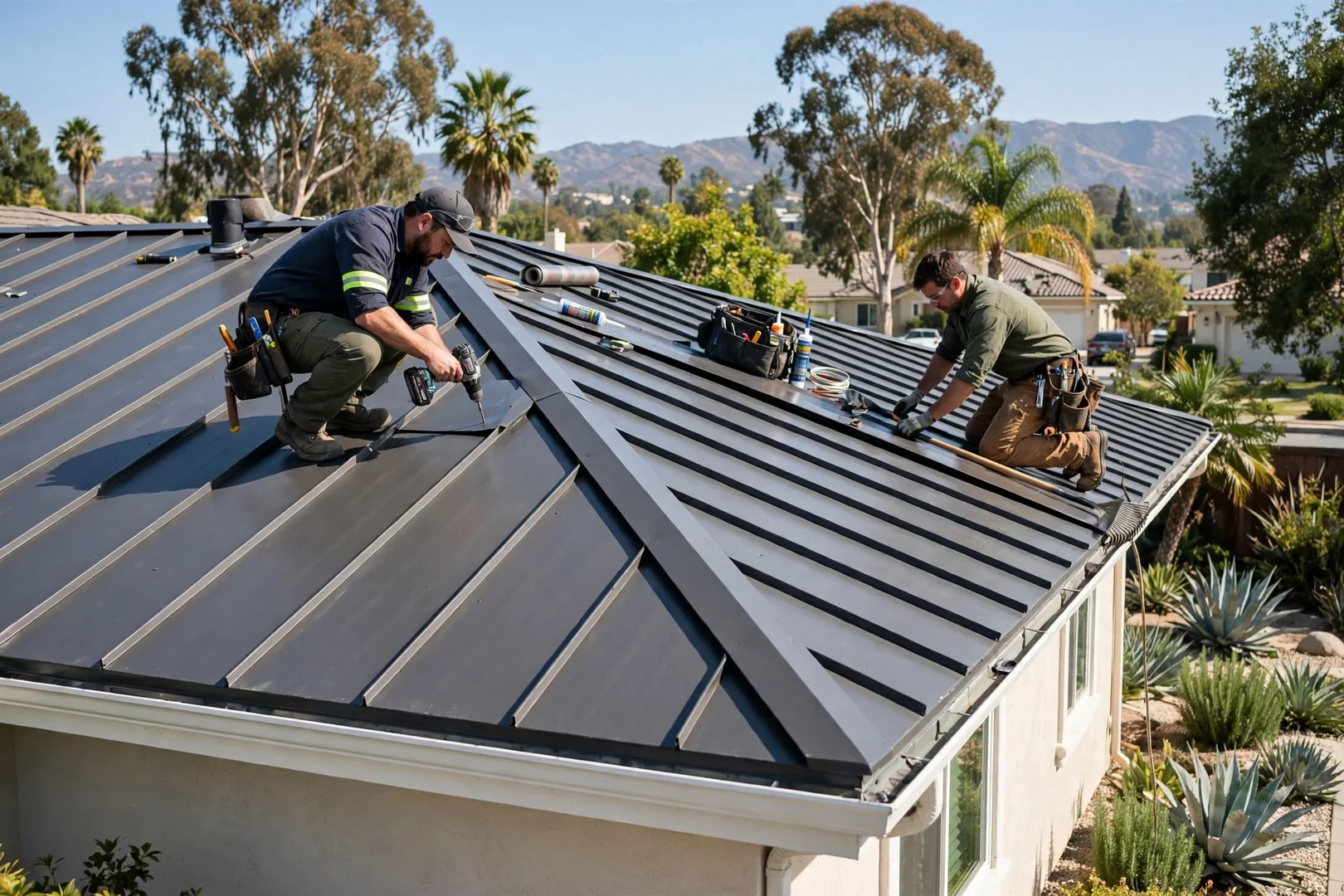 Standing seam metal roof panels running evenly from ridge to eave on a home