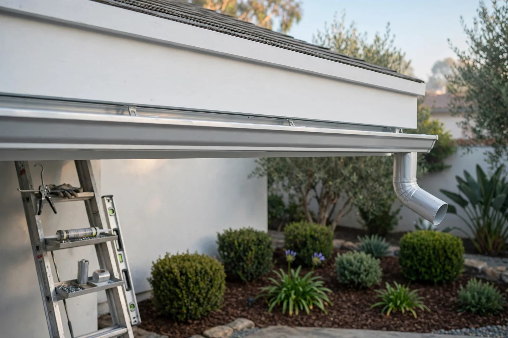 Seamless aluminum gutter and downspout installed along a repainted fascia and eave