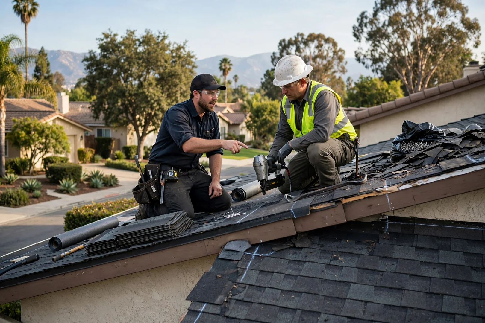 Roofing estimator taking notes beside a ladder at an Arcadia home during a scheduled inspection