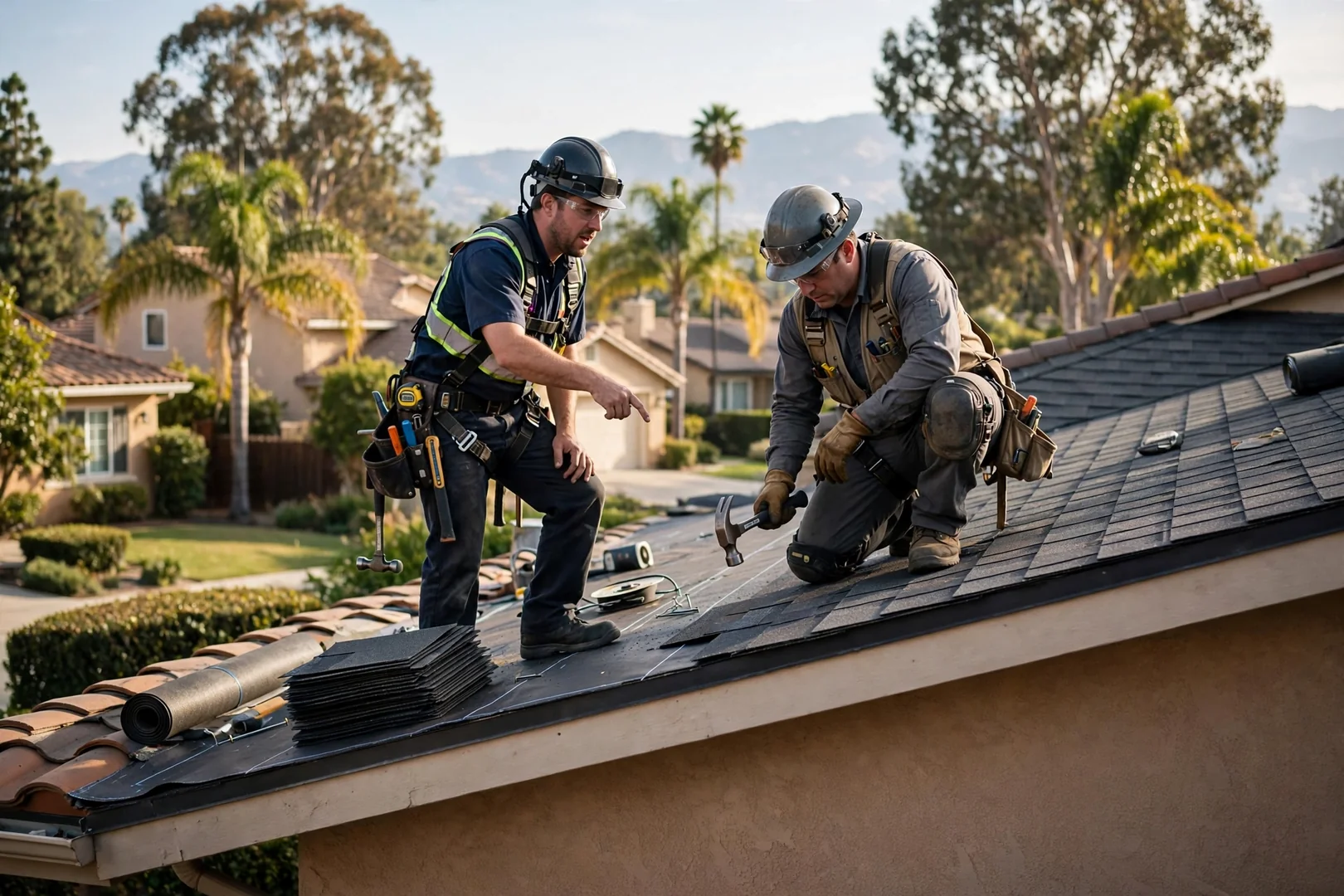 Roofing technician in safety harness inspecting flashing detail on an Arcadia home rooftop