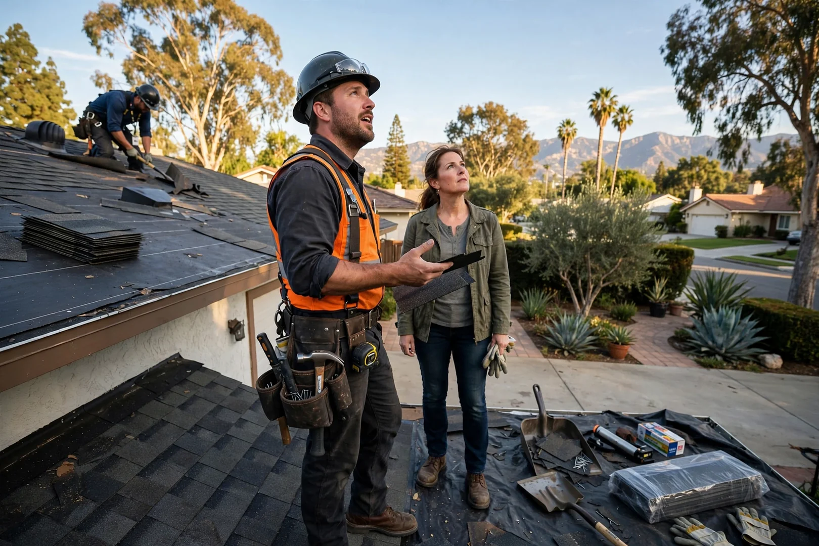 Roofing crew installing new shingles and flashing on an Arcadia home in daylight