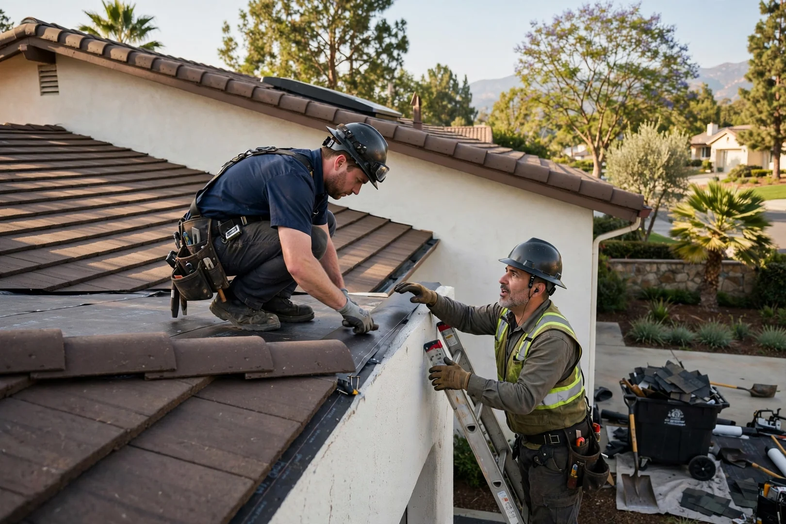 Experienced roofer inspecting flashing and valley details on a tile roof in Arcadia California