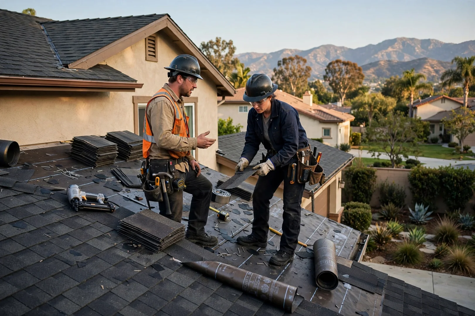 Estimator reviewing storm damage repair line items with a homeowner beside a tile roof