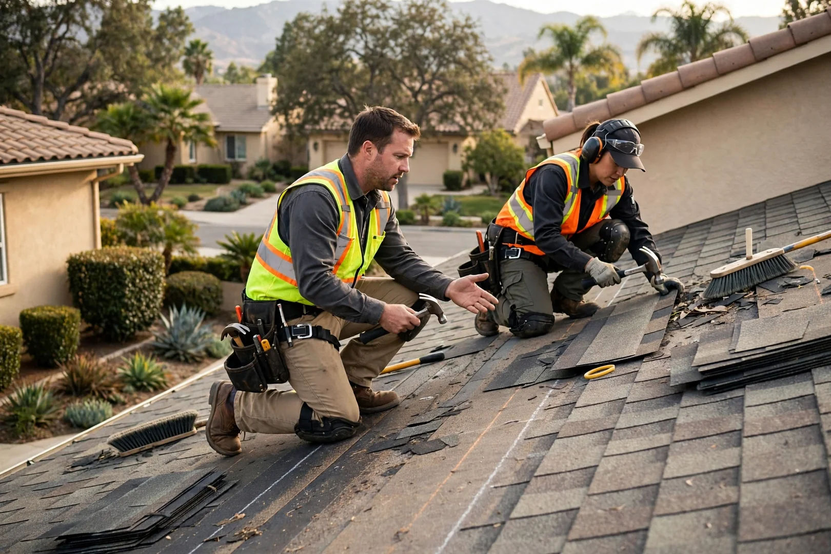 Technician reviewing a written storm damage repair estimate with a homeowner