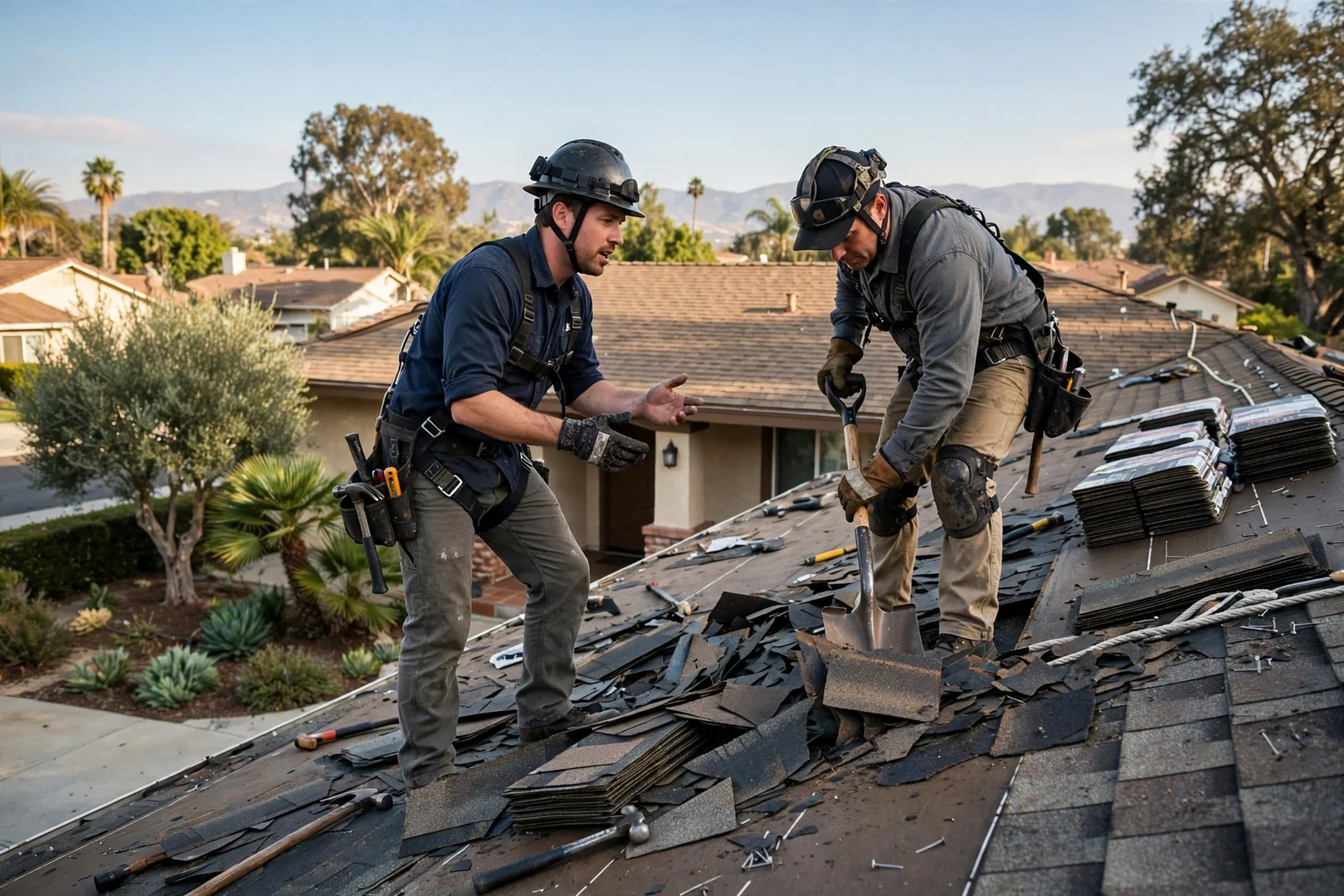 Roofer inspecting wind-damaged shingles on an Arcadia home after a storm
