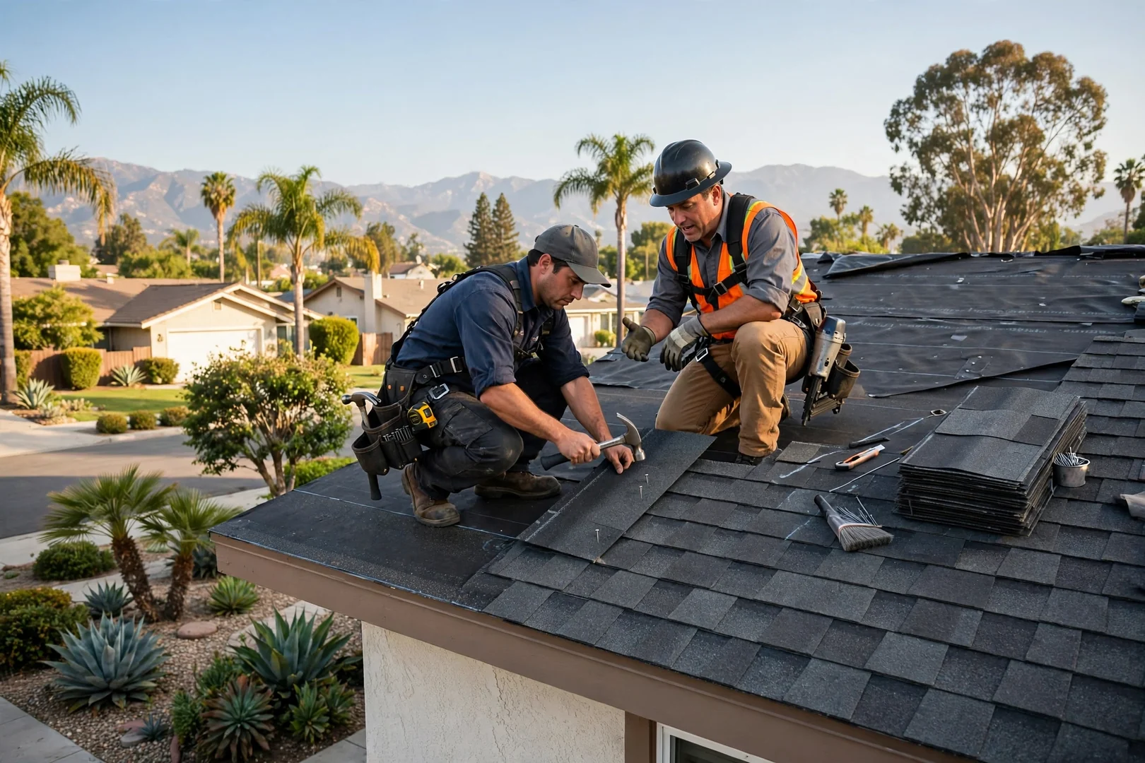 Roofer inspecting wind-lifted tile and flashing on an Arcadia home after a storm