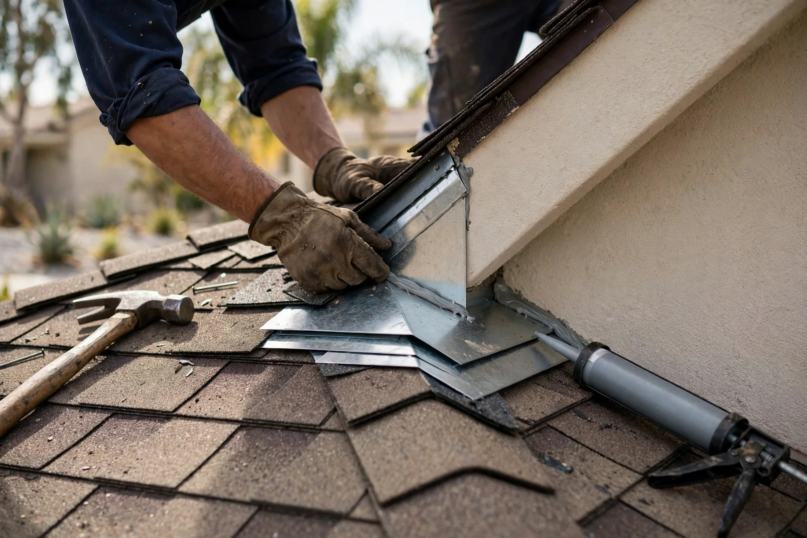 Close-up of newly installed step flashing along a repaired Arcadia roof wall joint
