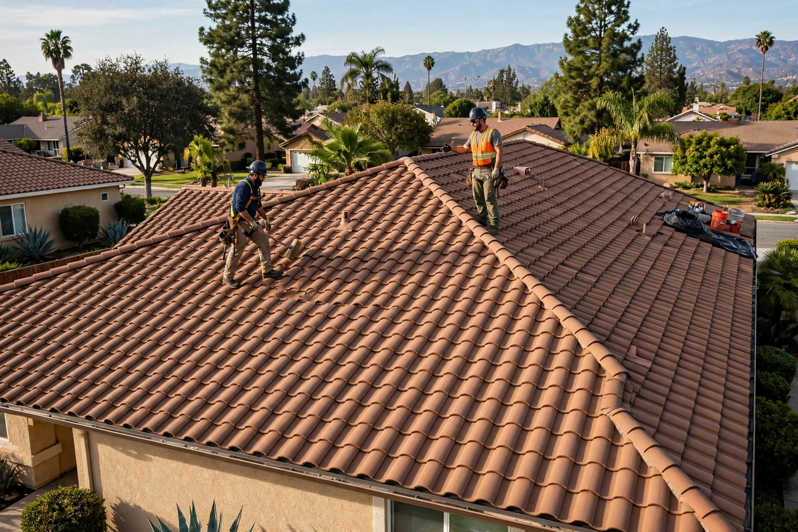 Wide view of a tile roof with color-matched replacement tiles after storm repair