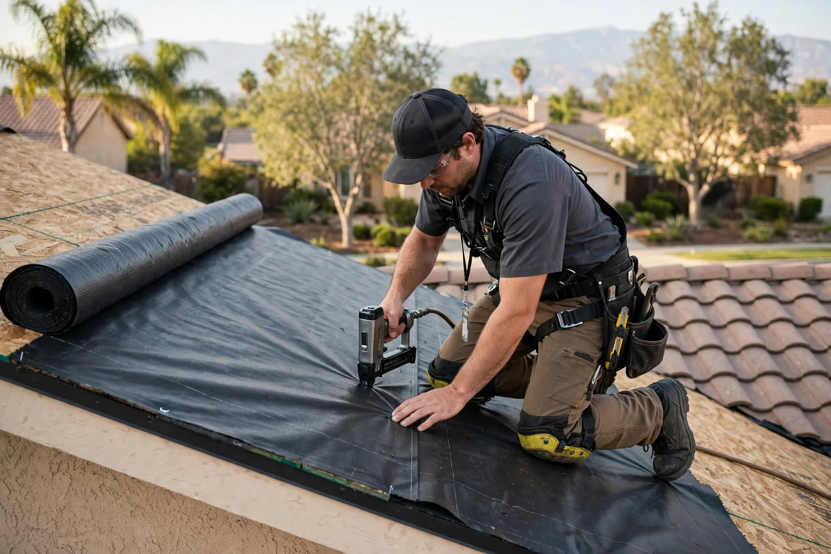 Roofer securing synthetic underlayment over exposed decking on a residential slope
