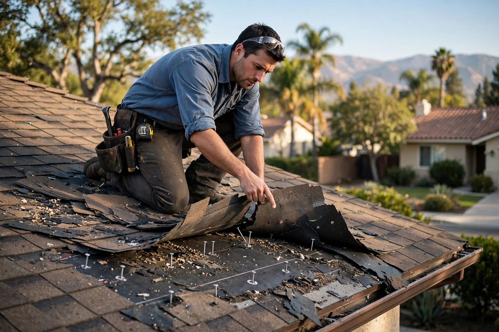 Wind-lifted composition shingles and exposed fasteners documented before repair work begins
