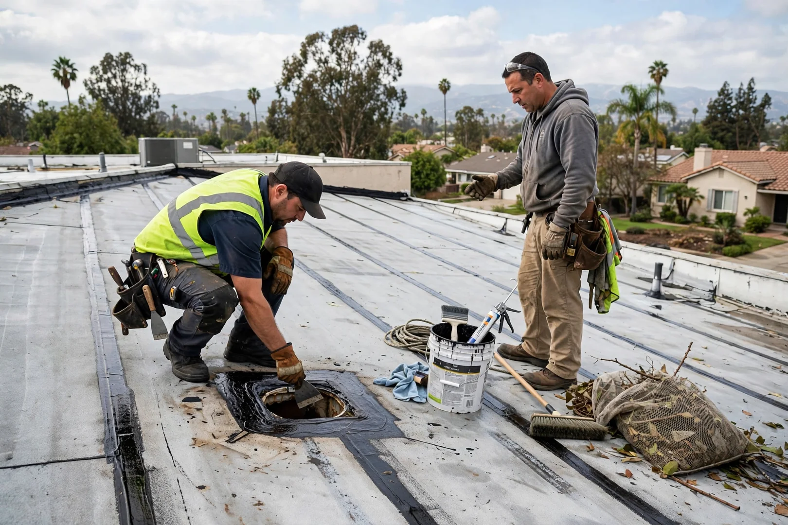 Low-slope commercial roof deck with resealed seams and cleared drain after storm work