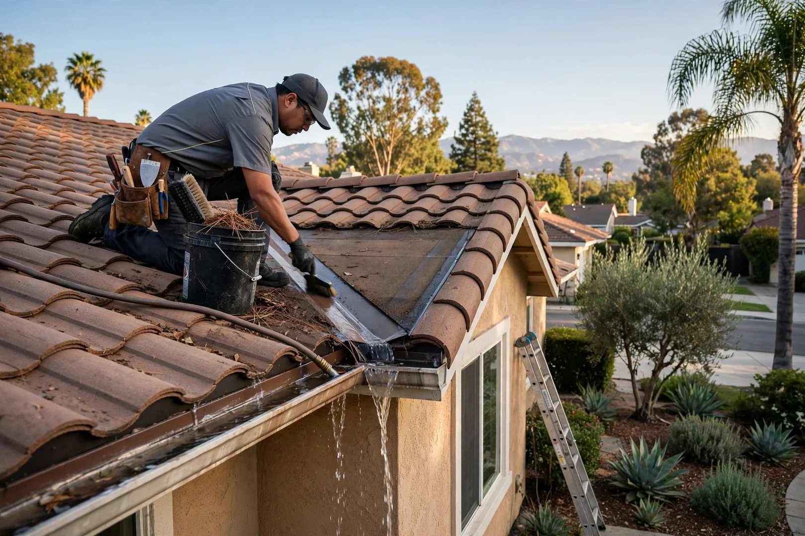 Cleared roof valley and flushed gutter line ready for the rainy season