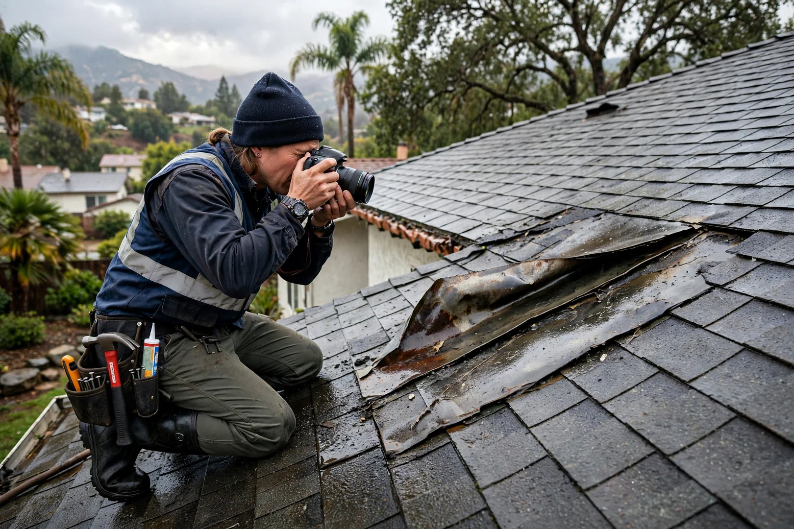 Technician documenting damaged roof valley flashing with a camera after heavy rainfall